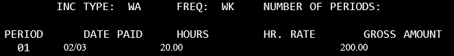 Inc Type: WA Freq: WK Number of periods blank . In Period 01, 02/03 under the DATE PAID, 20.00 hours, and 200.00 gross amount.