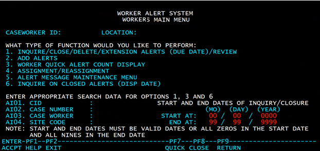 Image of Worker Alert System Main Menu